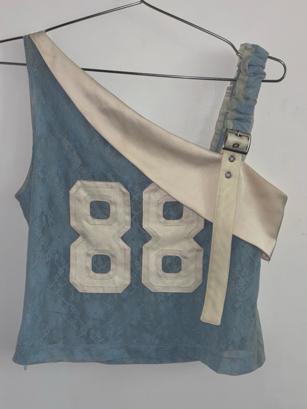 Women’s One-Shoulder Lace Tank Top with Satin Strap - Blue & Cream